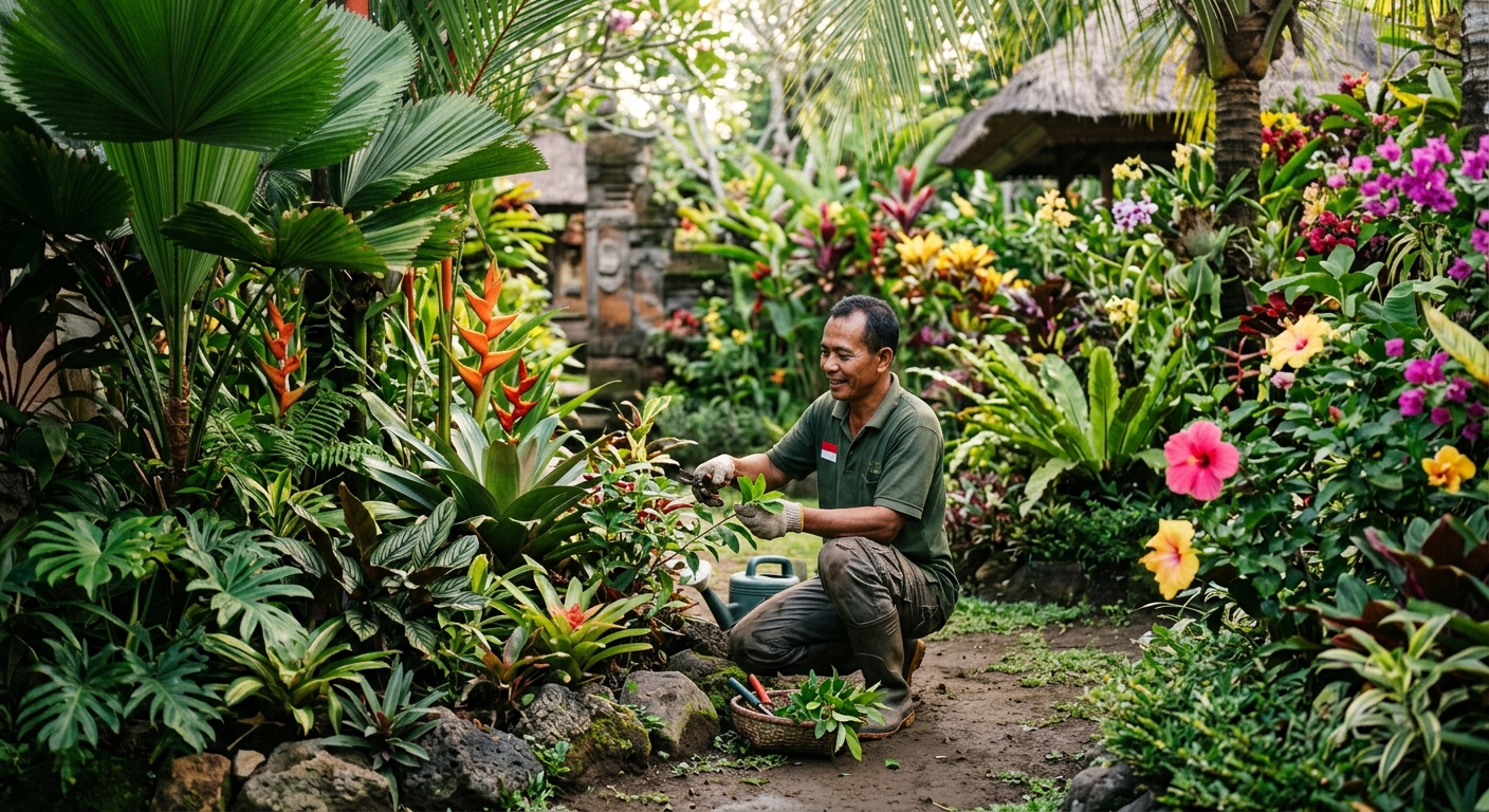 Tukang kebun merawat taman